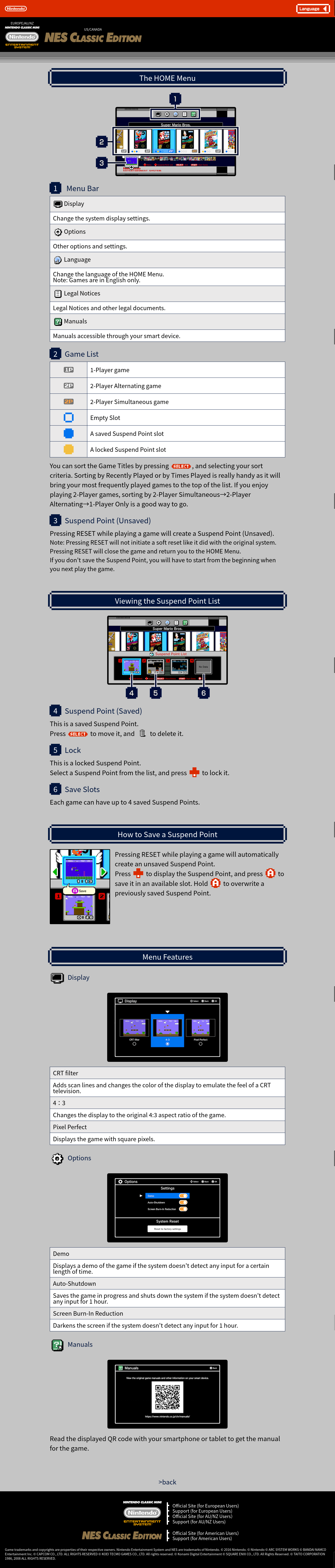 NES Classic Edition Webpage manuals